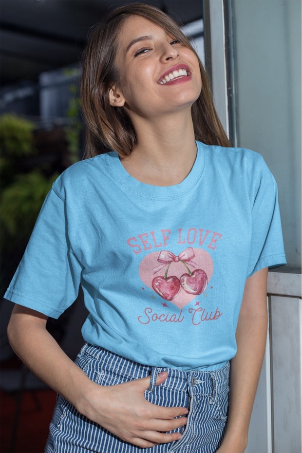 Women's Ribbon Cherry1 Transfer Printed Round Neck Short Sleeve T-Shirt