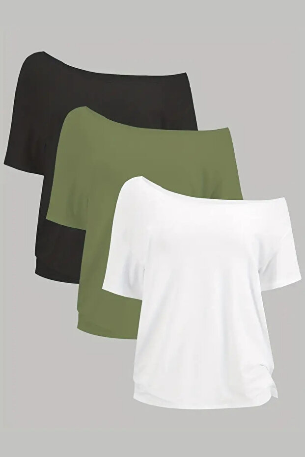 Khaki White Black 3-Pack Women's Off Shoulder Boat Neck Oversize T-Shirt