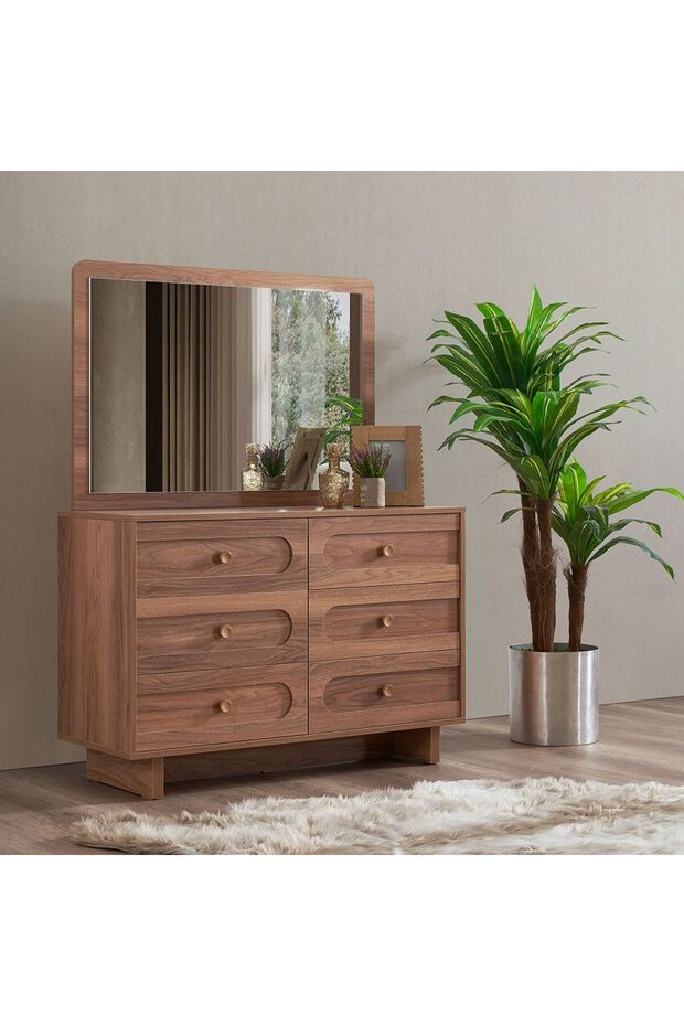 Ren Dresser with Mirror - Natural Walnut, 120x45x80cm, 2-Year Warranty - Stylish Bedroom Storage