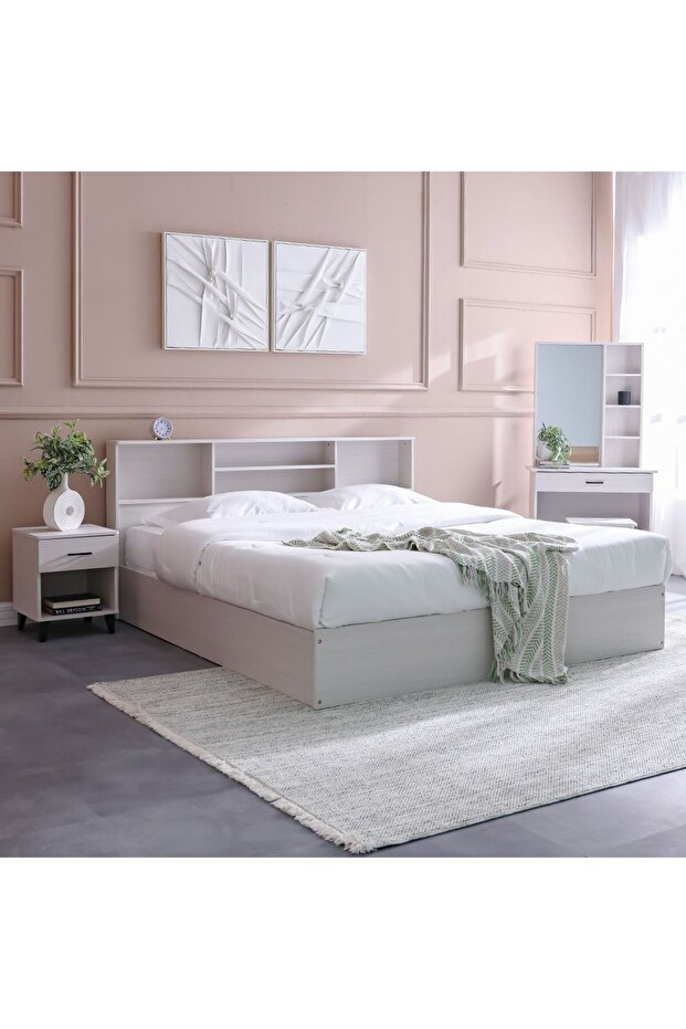 Gamorah 180X200 King Bed Set+1 Nightstand+Dresser/Mirror & Stool-Washed White