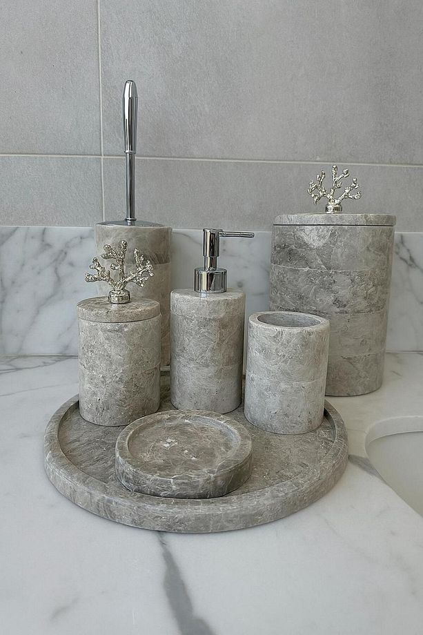 Gri Mermer Yuvarlak Banyo Seti Takımı 7 Li Gümüş Mercan Objeli - 2
