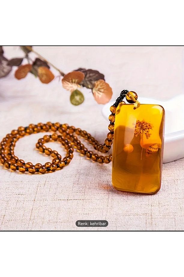 YUNNAN Unisex için çiçek desenli Amber Kare Reçine Kolye ile Vintage ve Boho Tarzı - 4
