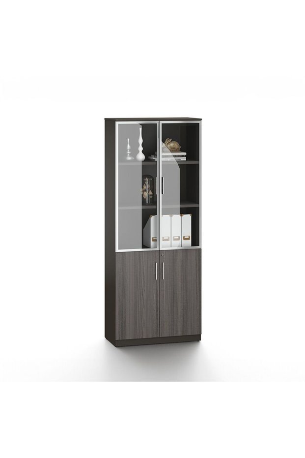 Hammel 4-Door Book Case - Dark Teakwood, 3 Shelves, Tempered Glass, 5-Year Warranty, 80x40x200cm