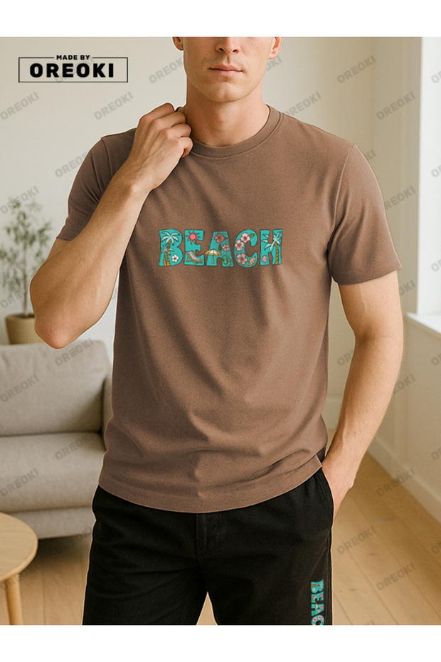 Orki Beach Men's Summer Light Brown T-Shirt & Black Shorts Set