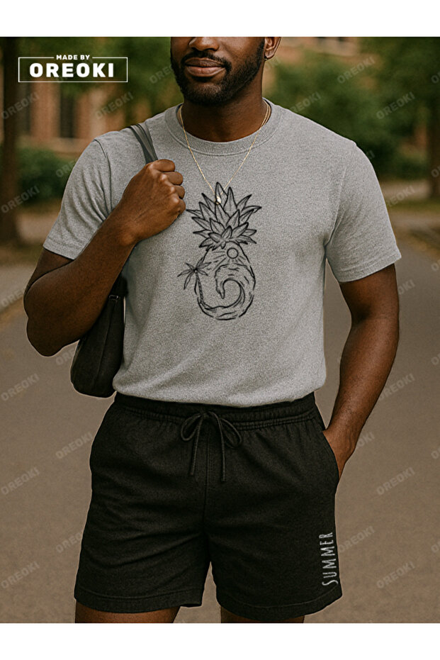 Orki Summer Pineapple Men's Summer Shorts Set – Tropical Printed Gray T-Shirt & Black Shorts