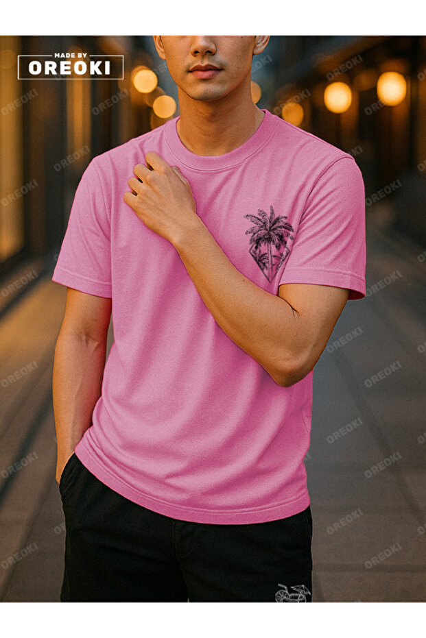 Orki Tropical Diamond Men's Summer Shorts Set – Palm Printed Pink T-Shirt & Black Shorts