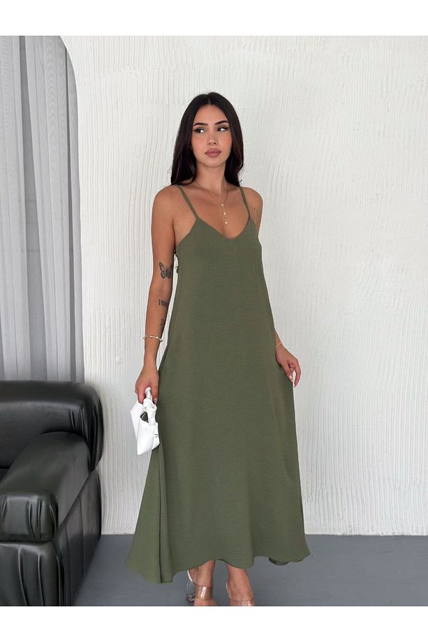 Airobin Kumaş & Cep Detaylı Elbise Kiloş Elbise-Haki-9005 - 3