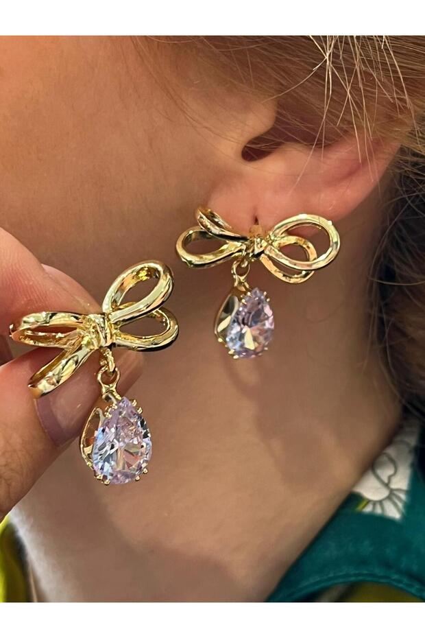 Hey Sparkling Stone Gold Yellow Bow Detailed Daily Use Dangle Women's Earrings