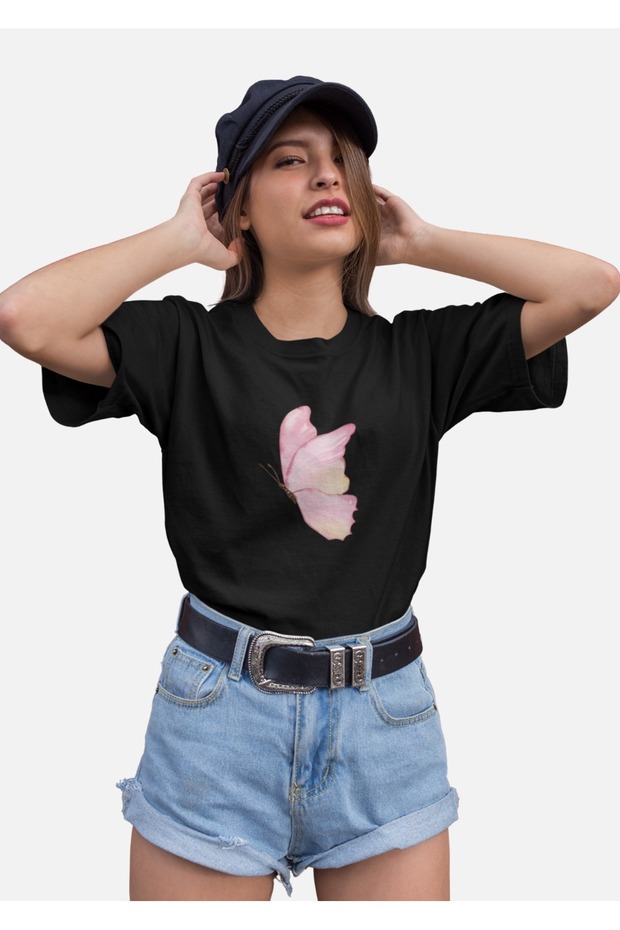 Women's Medium Butterfly Transfer Printed Round Neck Short Sleeve T-Shirt