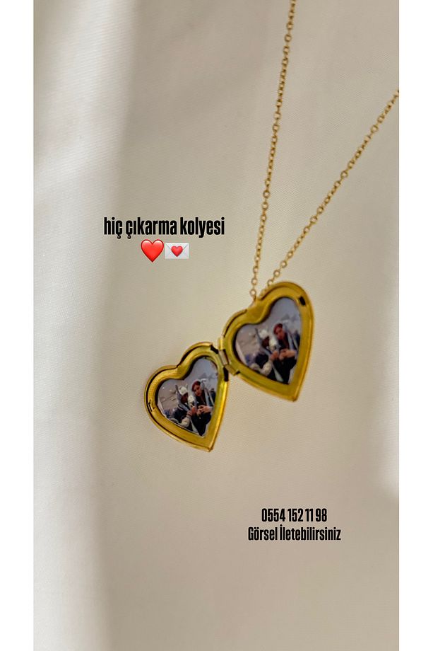 Gold Kapaklı Kalpli Resimli Kolye - Hiç Çıkarma Kolyesi - 1