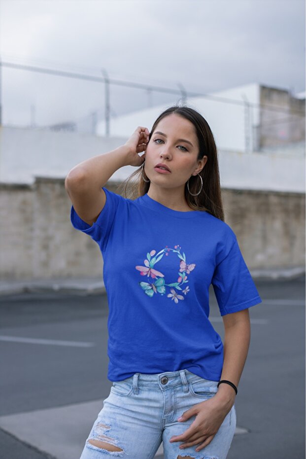 Women's Circle Butterfly Transfer Printed Round Neck Short Sleeve T-Shirt