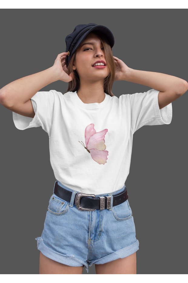Women's Medium Butterfly Transfer Printed Round Neck Short Sleeve T-Shirt
