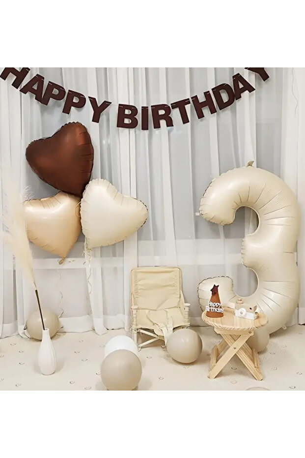 Beige 3 Year Old Heart Foil Balloon Birthday Set 15 Pieces