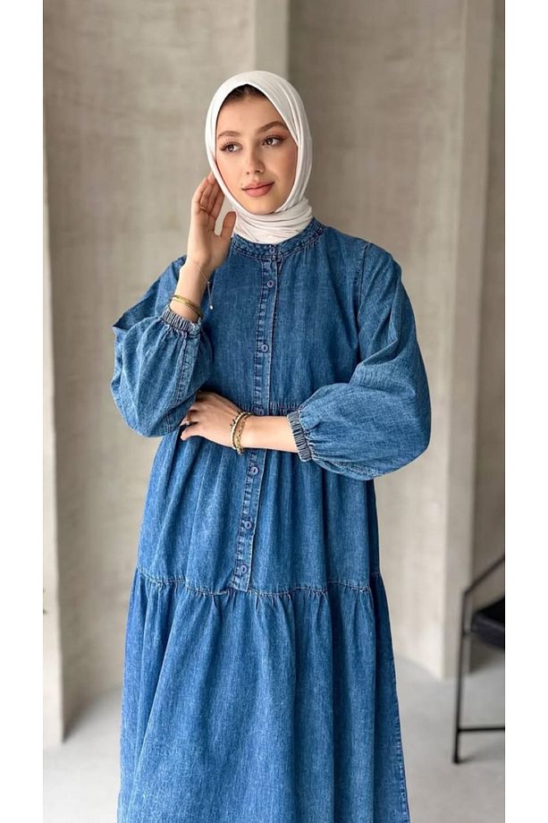 Düğmeli Kat Detaylı İnce Kot Elbise - 2