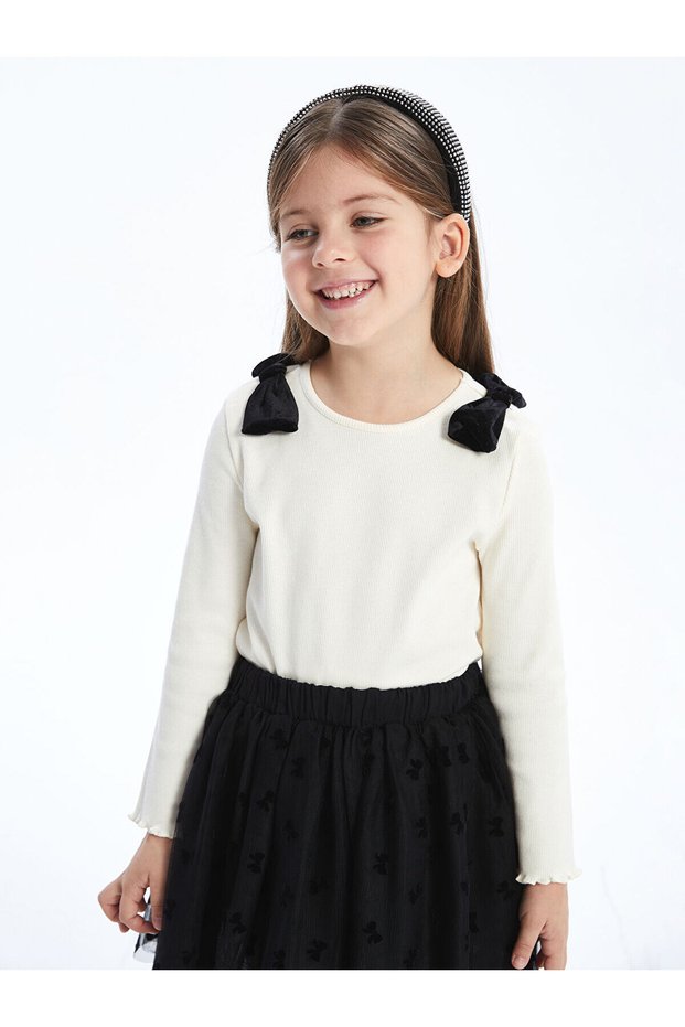 Ecru Crew Neck Ribbon Detailed Girl's Blouse