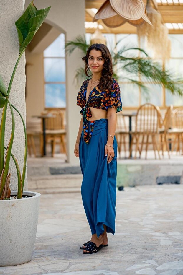 Blue Authentic Skirt with Elastic Waist and Drape Detail