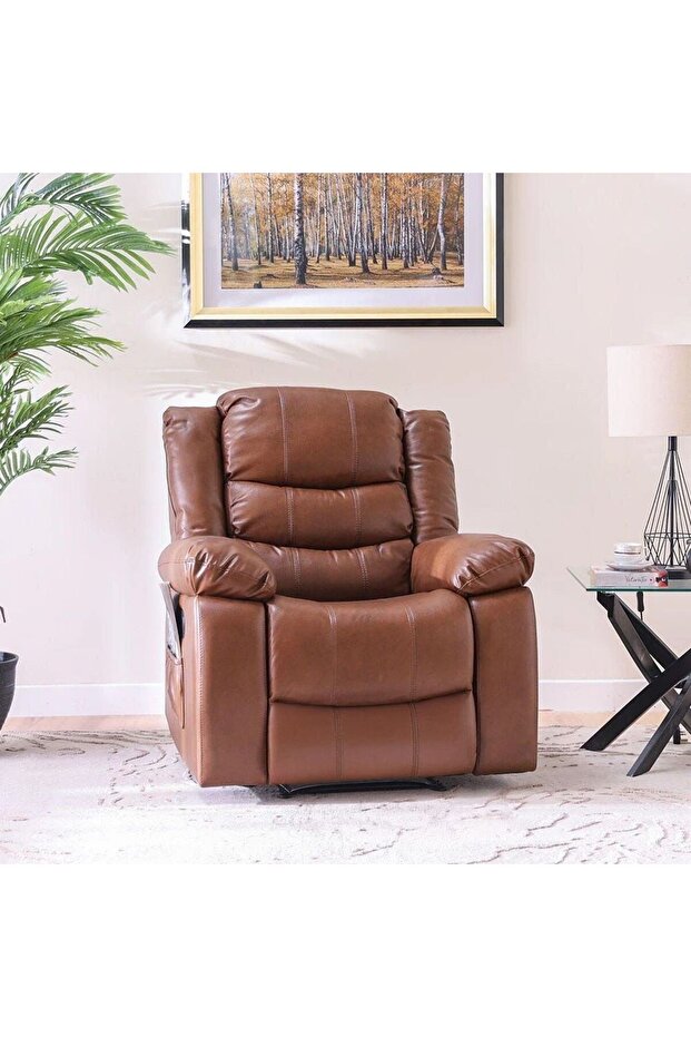 Mina 1 Seater Manual Air Leather Recliner with Cupholder and Pockets - Brown