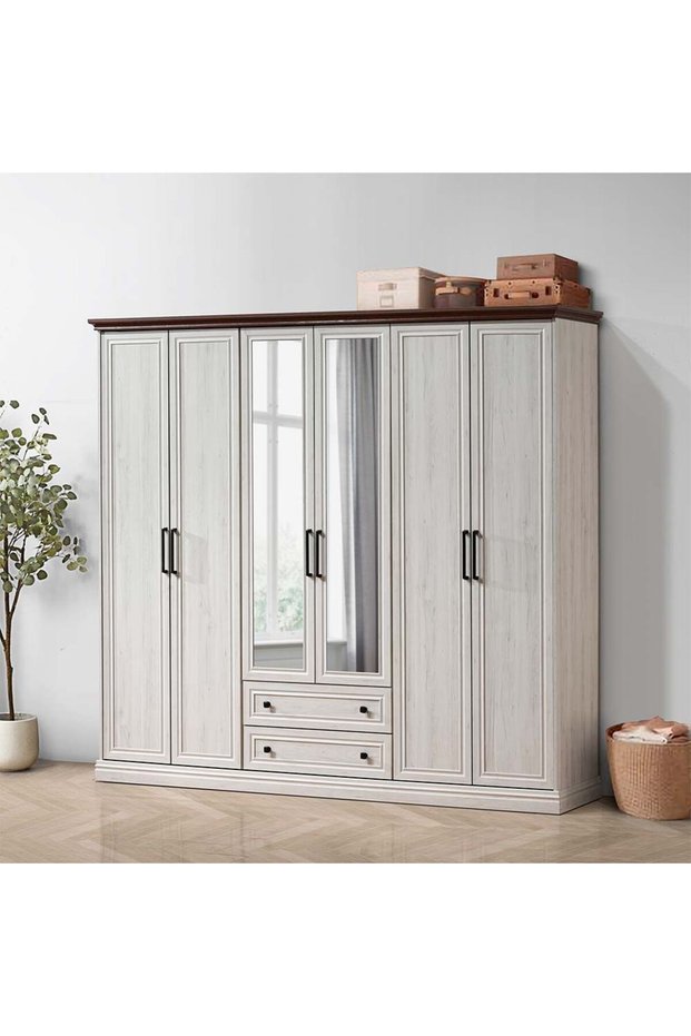 Pioneer 6 Door Wardrobe with 2 Drawers & Mirrors - White Oak + Brown L233xW55xH213cm
