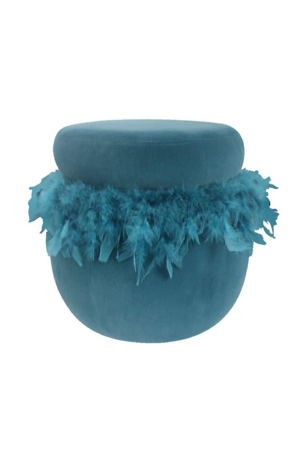 Conde Velvet Pouf with Feather - Blue Ottoman Living Room Seating - 40x40x41cm, 1 Year Warranty