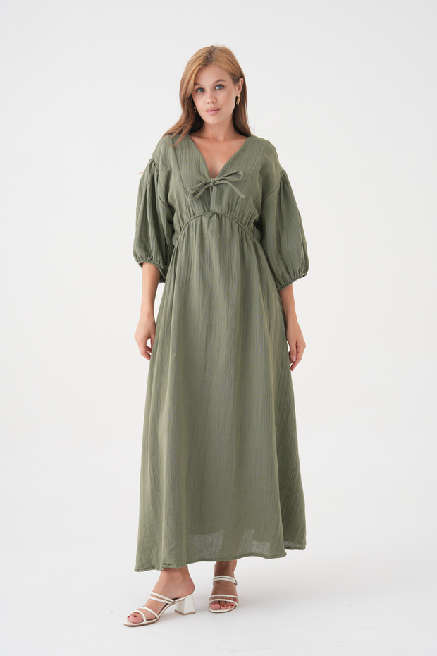 100% Cotton V-Neck Muslin Fabric Elastic Waist Rope Detailed Short Sleeve Dress Mg-2025