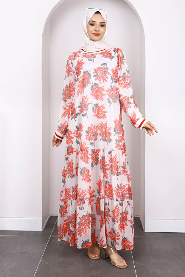Pomegranate Flower Patterned Chiffon Dress