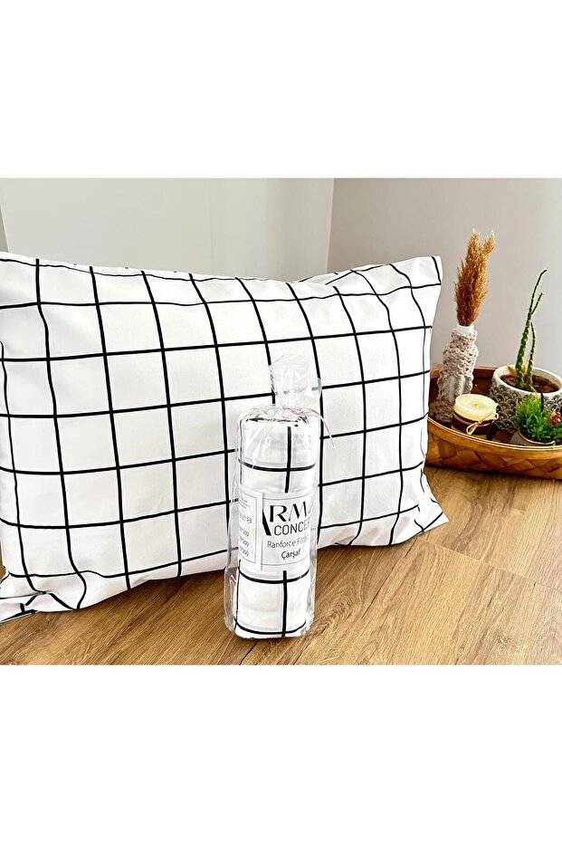 Double Ranforce Fabric Checkered Pattern Fitted Elastic Sheet & 2 Pillowcases - 2