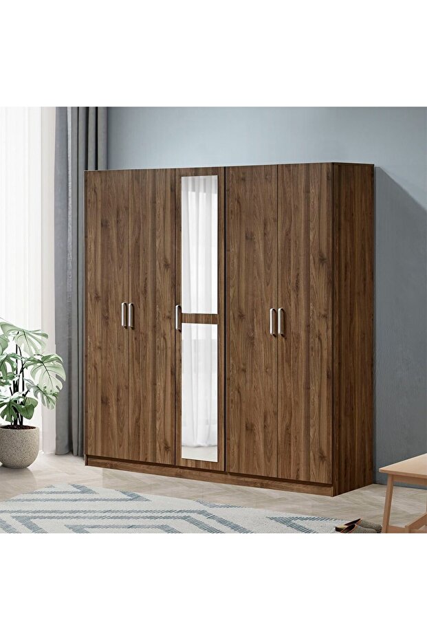 Supreme 5Door Wardrobe W/Mirror-Light Walnut L199.5xW52xH209cm