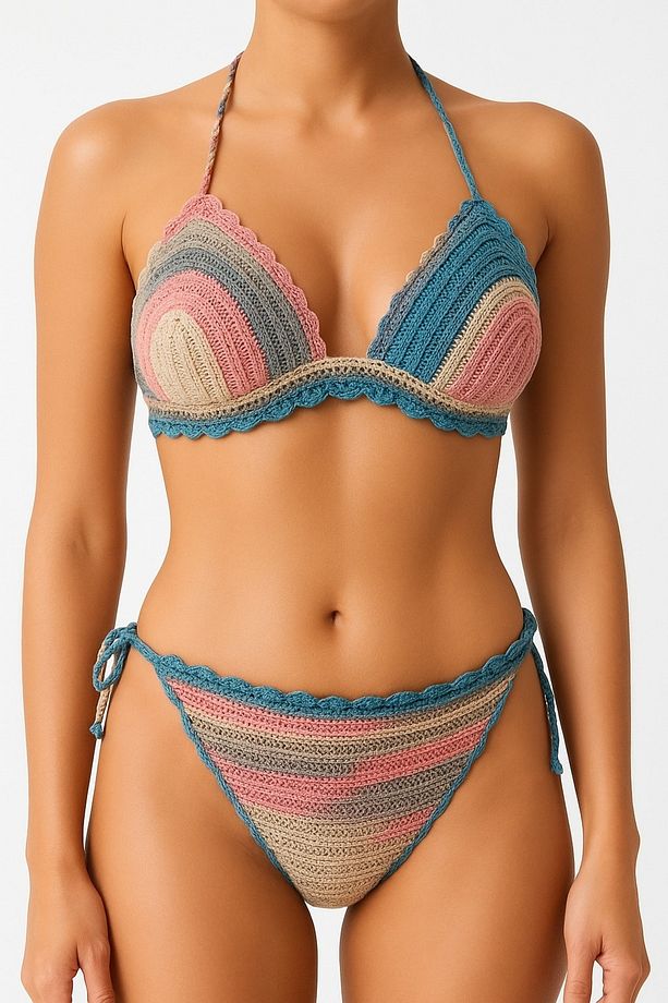 El Örgüsü Tığ İşi Renkli Çizgili Örgü Üçgen Model Bikini Takımı - 2