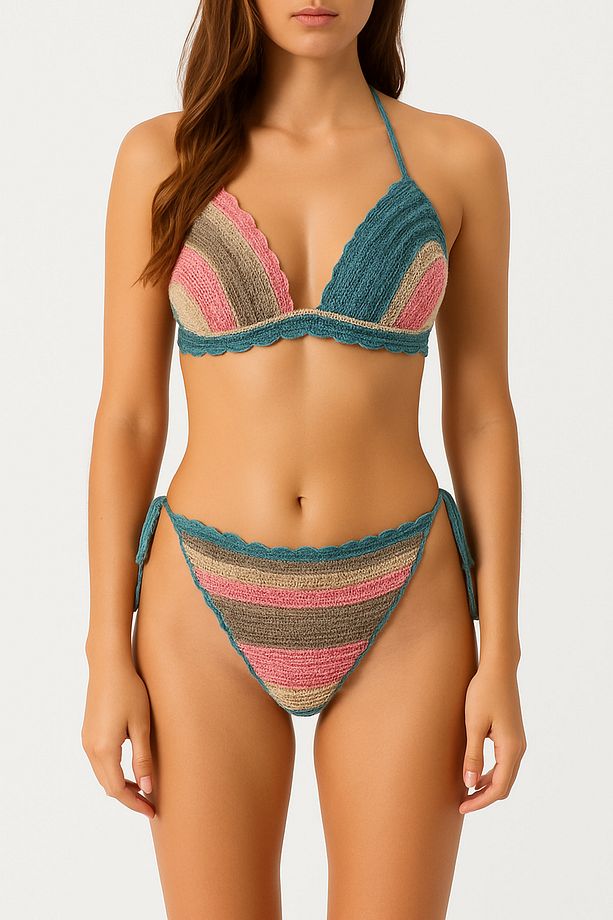 El Örgüsü Tığ İşi Renkli Çizgili Örgü Üçgen Model Bikini Takımı - 3