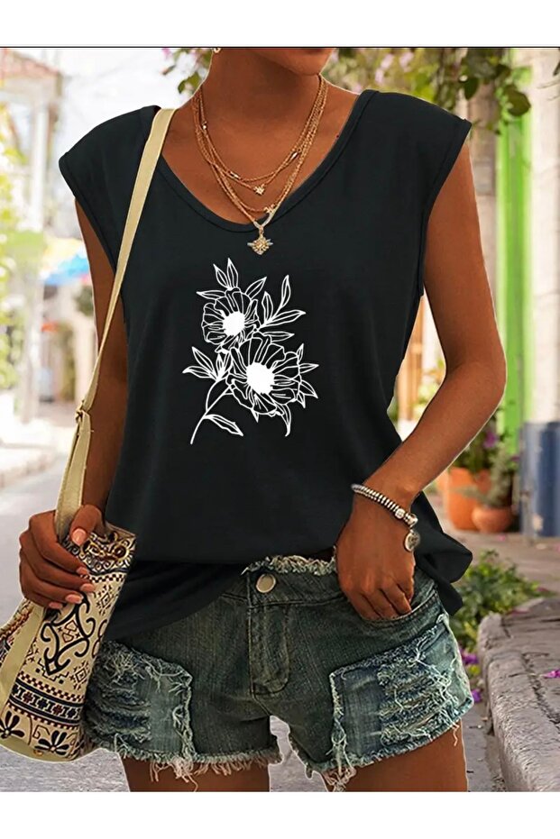 Flower Figure Printed Women's Oversize Sleeveless T-Shirt