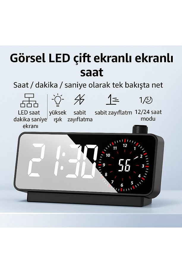 Aynalı Led Ekranlı Saat ,Elektronik Masaüstü Çalar Saat, Çift Dijital Çalar Saat, Başucu - 4