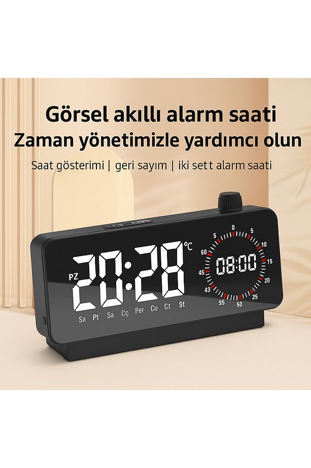 Aynalı Led Ekranlı Saat ,Elektronik Masaüstü Çalar Saat, Çift Dijital Çalar Saat, Başucu - 5