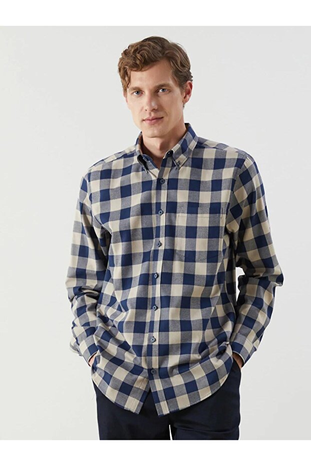 Lcwaikiki Classic Regular Fit Long Sleeve Plaid Gabardine Men's Shirt (W5)