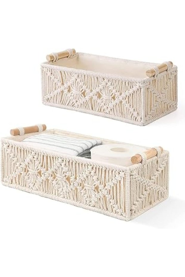 Set of 2 Boho Woven Storage Baskets – Decorative Bathroom & Toilet Tank Organizers for Home Decor