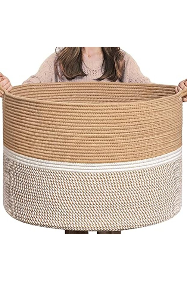 XXL Cotton Rope Basket 22"x22"x14", Decorative Blanket Storage Hamper with Handles – White