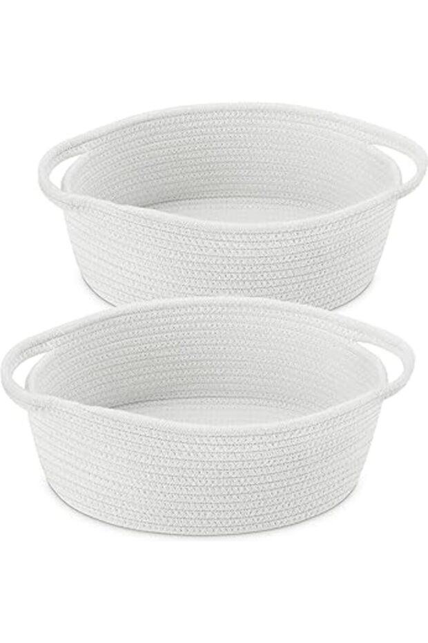 2-Pack Small Woven Baskets – White Rope Storage Bins with Handles for Shelf, Toys, Gifts (12"x8"x5")