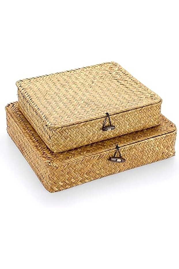 Set of 2 Seagrass Wicker Storage Bins with Lids – Flat Woven, Caramel, for Shelf & Home Organization