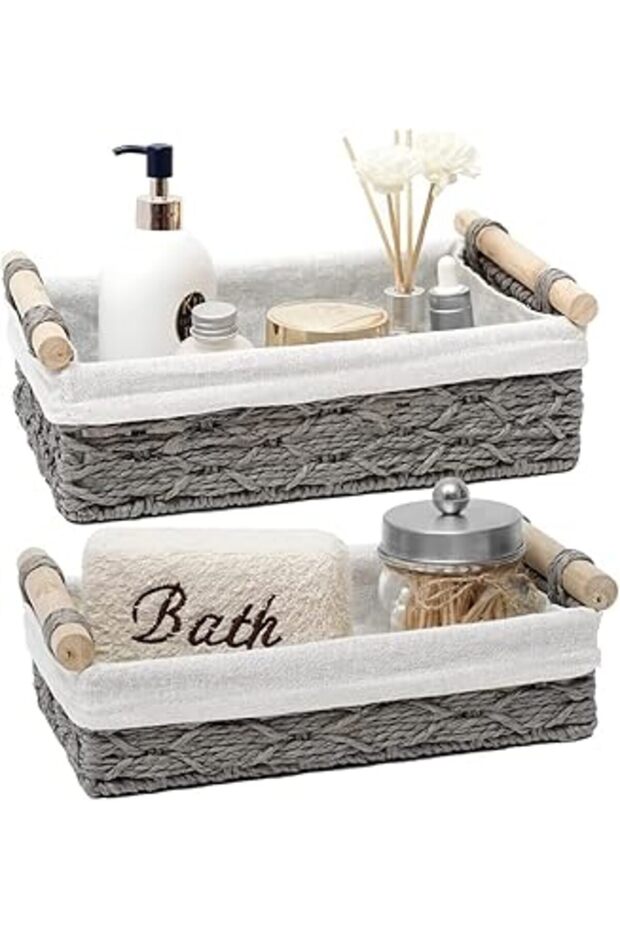 Wicker Storage Baskets with Handles, Decorative Small Baskets for Toilet Lid & Countertop, Set of 2