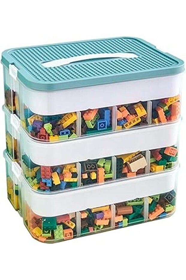 3-Layer Toy Organizer with Compartments – Stackable Yellow Bin for Building Blocks & Toys