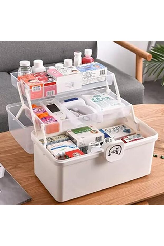 Large Plastic Medical Box, 3-Layer Medicine Organizer with Handle, Child-Proof Emergency Pill Case