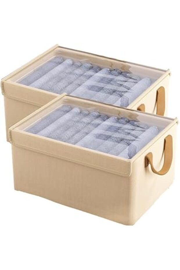 2-Pack Extra Large Linen Storage Bins – Beige Closet Organizers with Metal Frame & Lid for Shelves