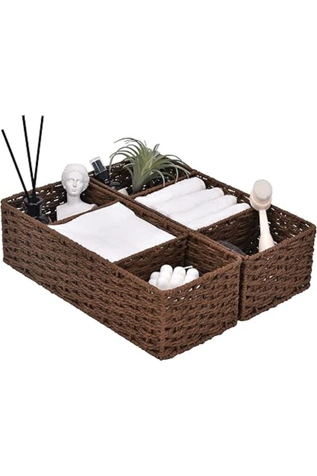 3-Section Wicker Baskets for Shelves, Hand-Woven Round Paper Rope Storage Baskets, Walnut, 2-Pack