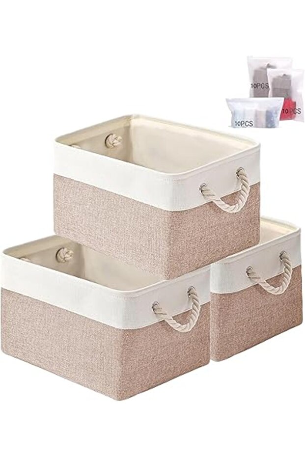 3-Pack Cotton Rope Storage Baskets – White & Camel Bins for Toys, Towels, Books & Shelves