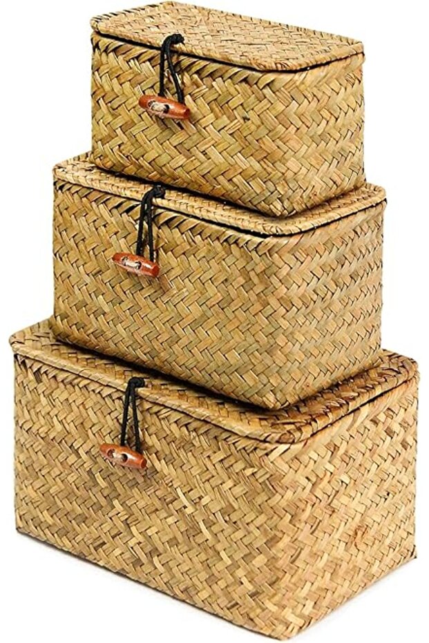 Set of 3 Shelf Baskets with Lids, Handwoven Seagrass Wicker Boxes for Makeup & Multipurpose Storage