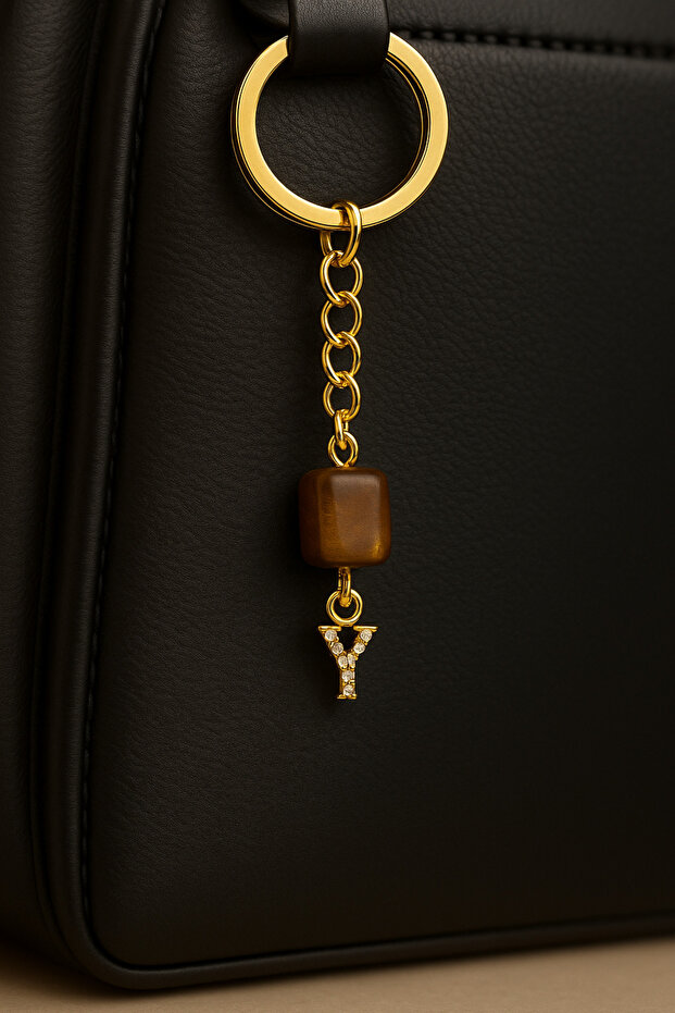Gold Color Stone Y Letter Tiger Eye Keychain Charm