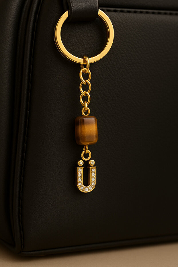 Gold Color Stone Letter U Tiger Eye Keychain Charm