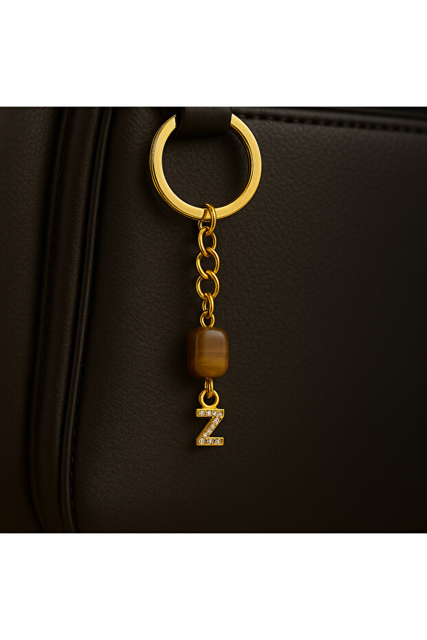 Gold Color Stone Z Letter Tiger Eye Keychain Charm