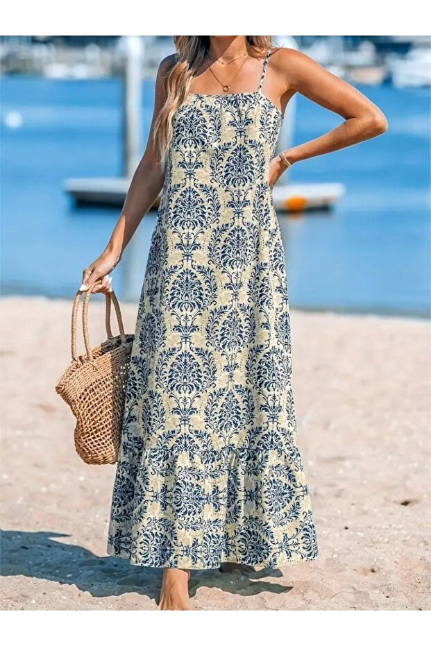 Women's patterned ruffled supreme dress with string straps