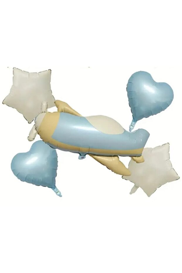 Retro Airplane Retro Cream Star and Retro Blue Heart Foil Balloon Birthday Party Set Ornament