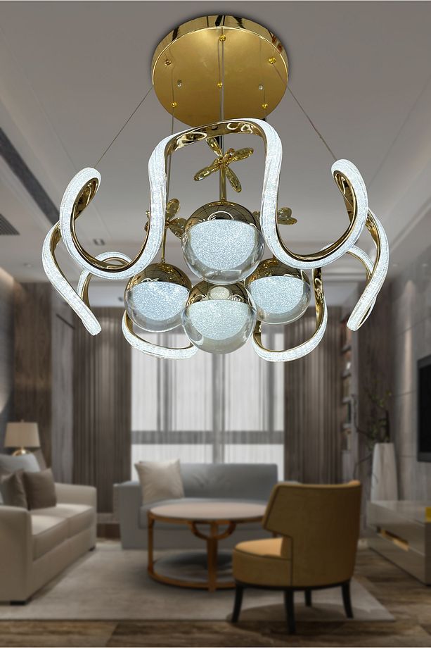 Arya Fanus 4 Toplu Simli Slikonlu Yüksek (Işık) Modern Salon Led Avizesi Kumandasız Gold - 1